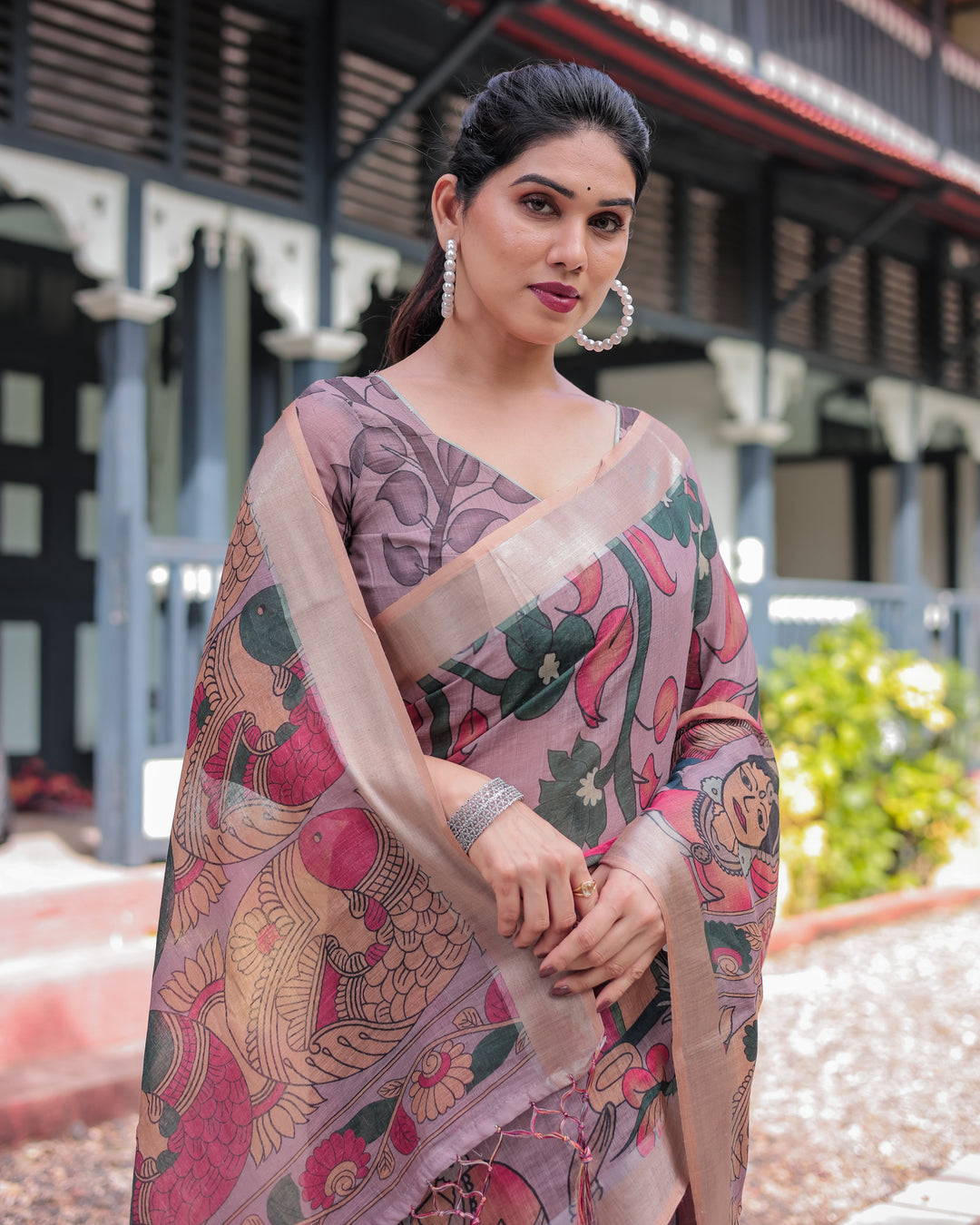 Pastel Peach Kalamkari Design Pure Cotton Linen Saree with Blouse and Tassels LINEN H 161170