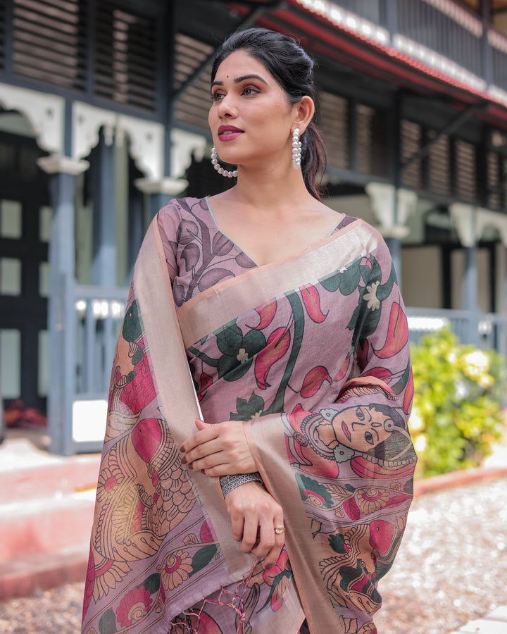 Pastel Peach Kalamkari Design Pure Cotton Linen Saree with Blouse and Tassels LINEN H 161170
