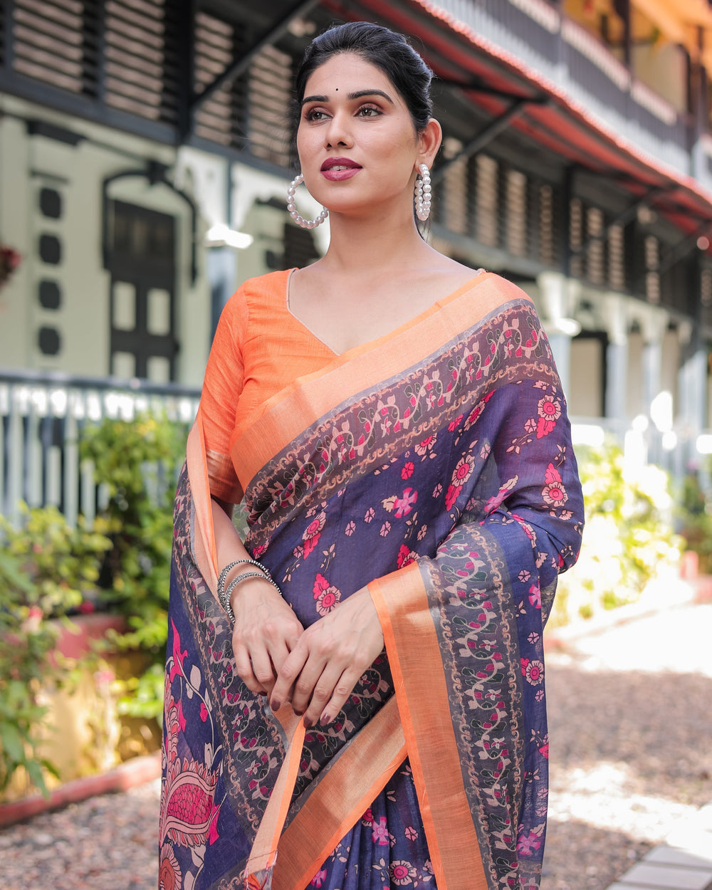 Indigo Blue Floral Print Pure Cotton Linen Saree with Orange Border and Tassels LINEN H 171174