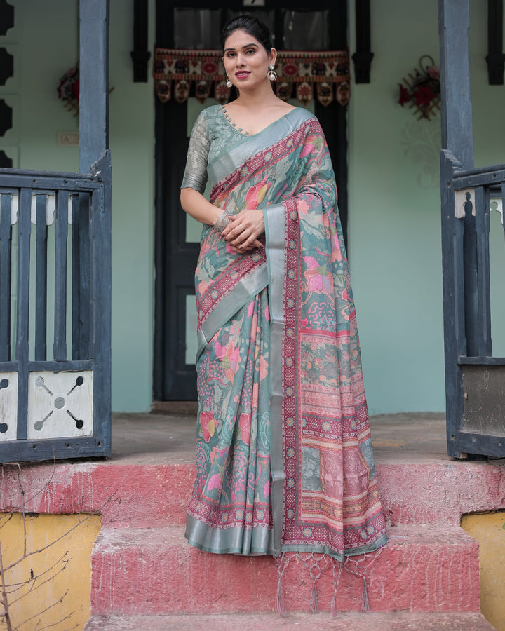 Pink and Maroon Pure Cotton Linen Saree with Blouse and Tassels - Floral Design with Leaf Patterns LINEN H 151160