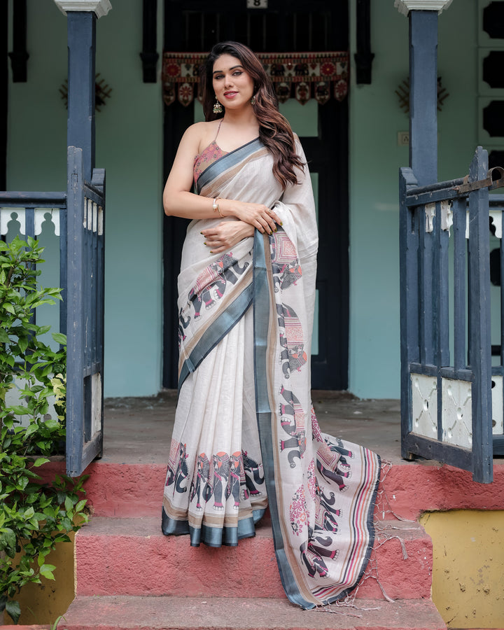 Ivory Pure Cotton Linen Saree with Elephant Motif and Tassel Detailing LINEN H 101110