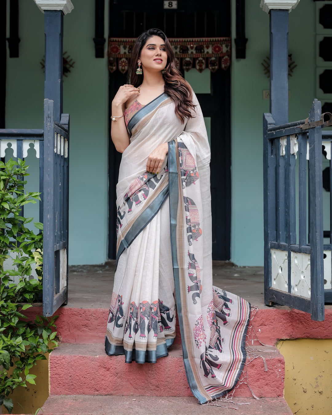 Ivory Pure Cotton Linen Saree with Elephant Motif and Tassel Detailing LINEN H 101110