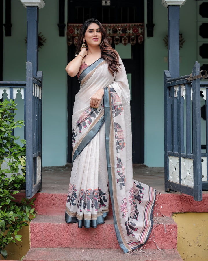 Ivory Pure Cotton Linen Saree with Elephant Motif and Tassel Detailing LINEN H 101110