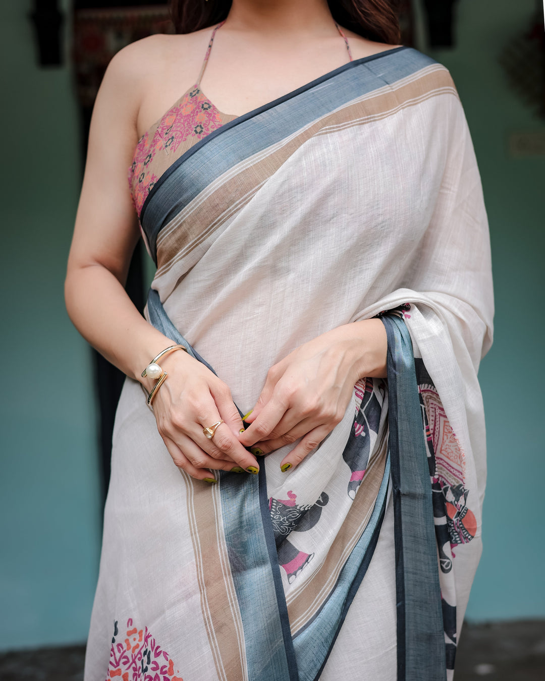 Ivory Pure Cotton Linen Saree with Elephant Motif and Tassel Detailing LINEN H 101110