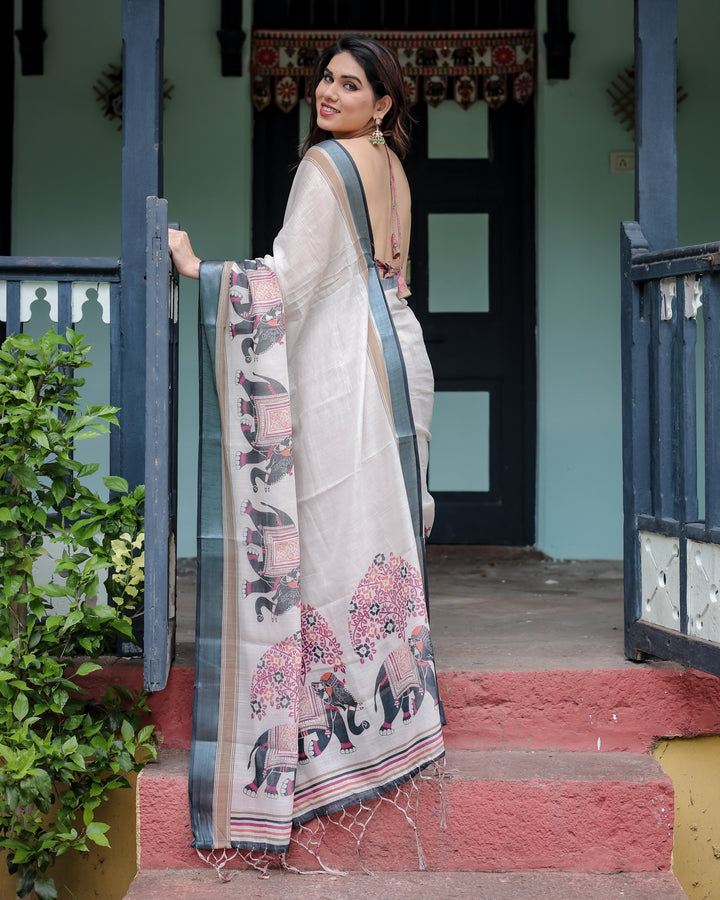 Ivory Pure Cotton Linen Saree with Elephant Motif and Tassel Detailing LINEN H 101110