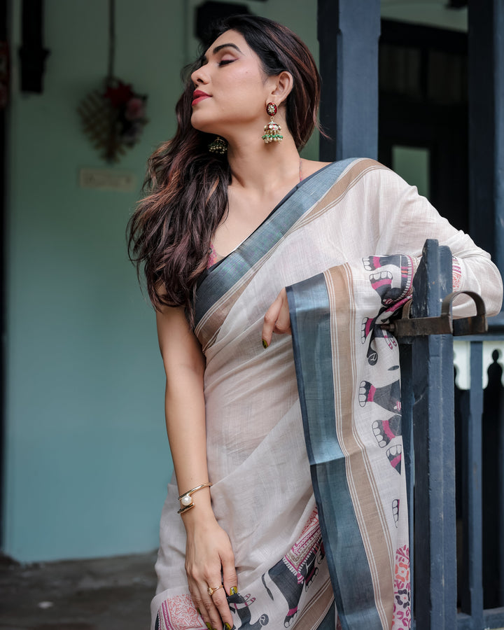 Ivory Pure Cotton Linen Saree with Elephant Motif and Tassel Detailing LINEN H 101110