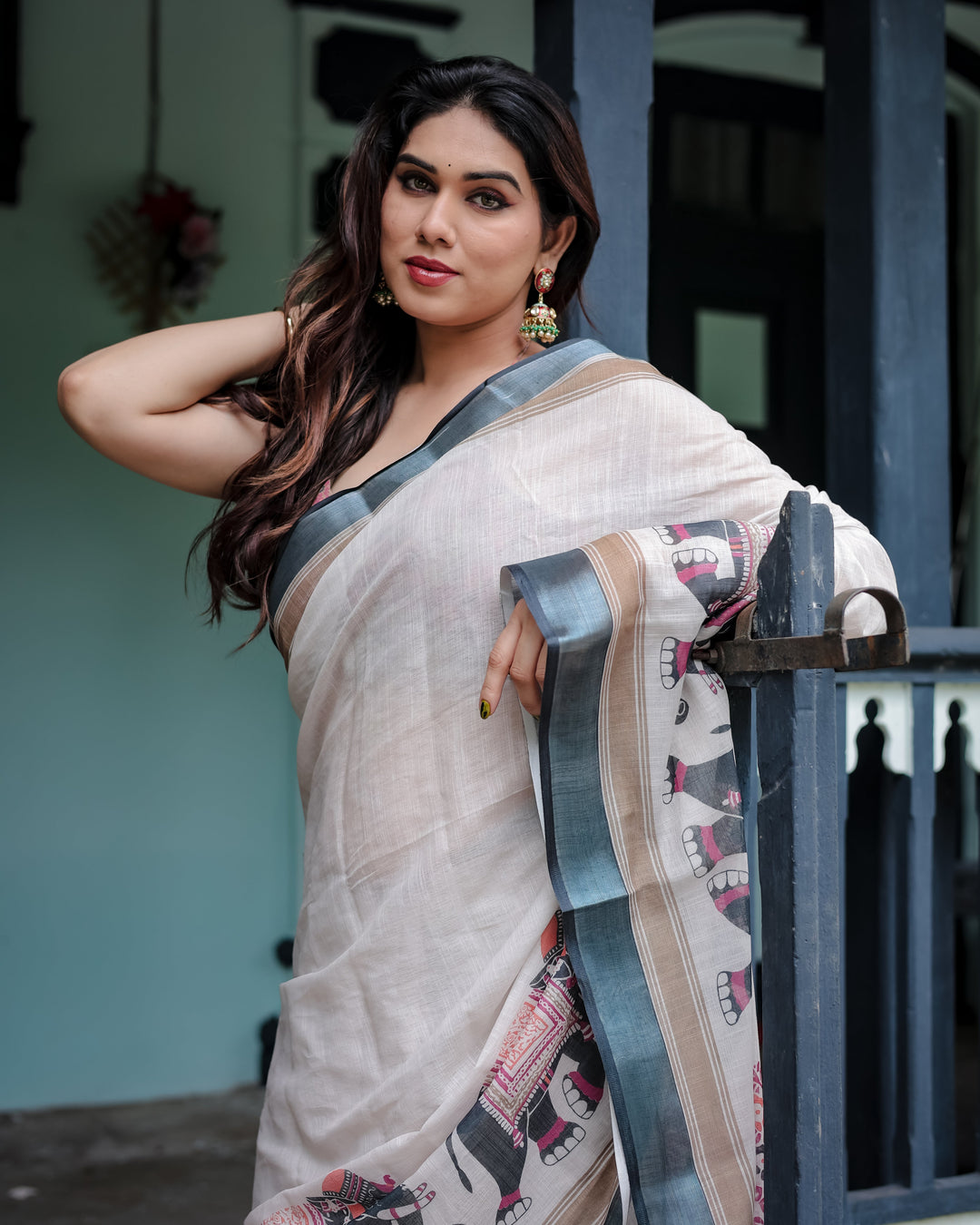 Ivory Pure Cotton Linen Saree with Elephant Motif and Tassel Detailing LINEN H 101110