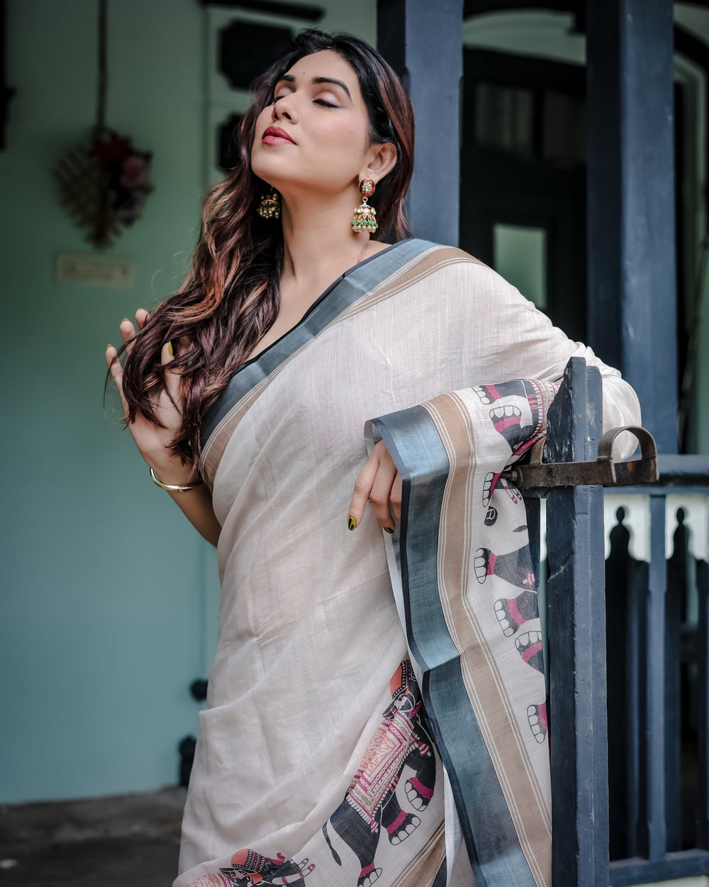 Ivory Pure Cotton Linen Saree with Elephant Motif and Tassel Detailing LINEN H 101110