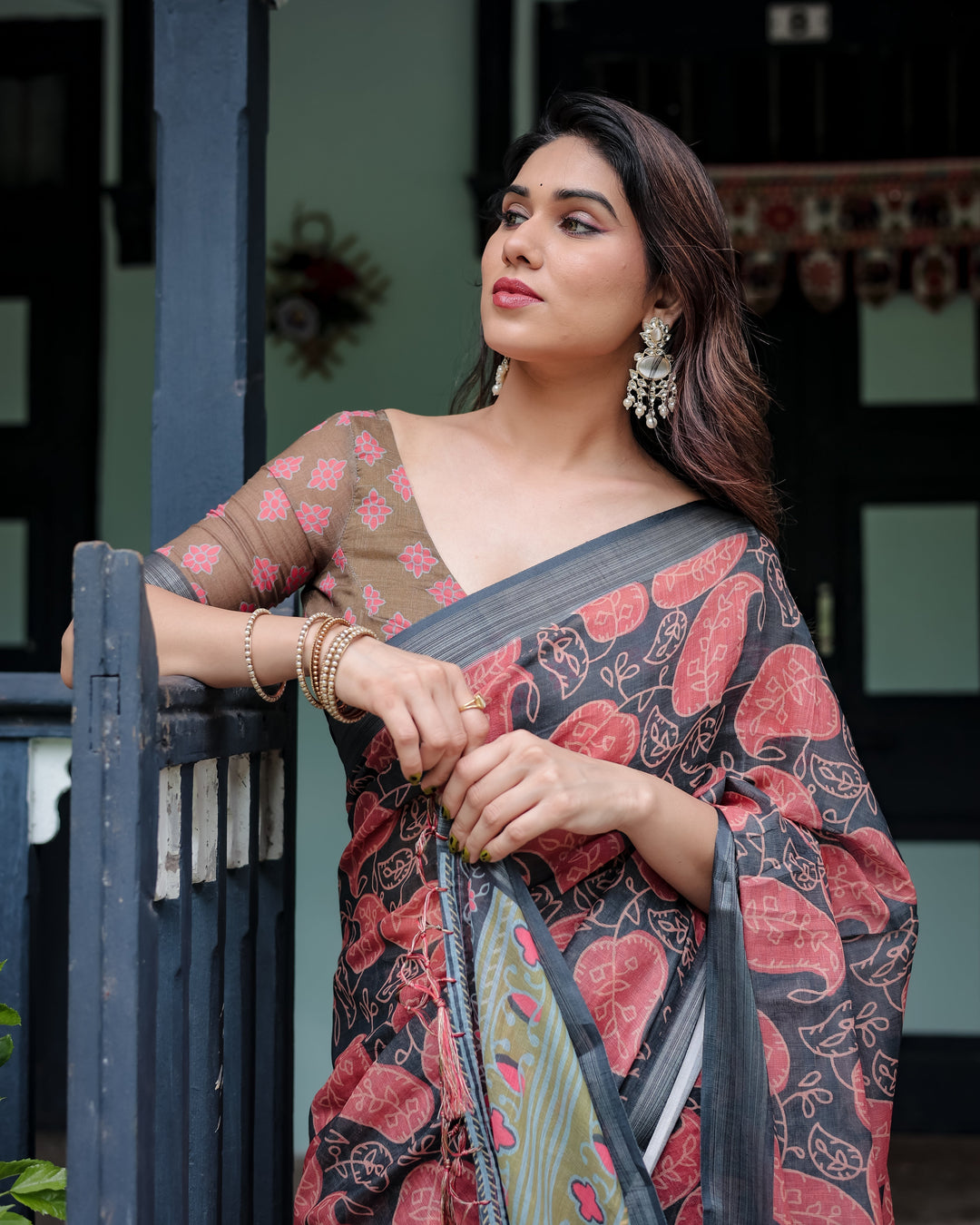 Charcoal Black Pure Cotton Linen Saree with Leafy Paisley Print Blouse and Tassel Detailing LINEN H 111120