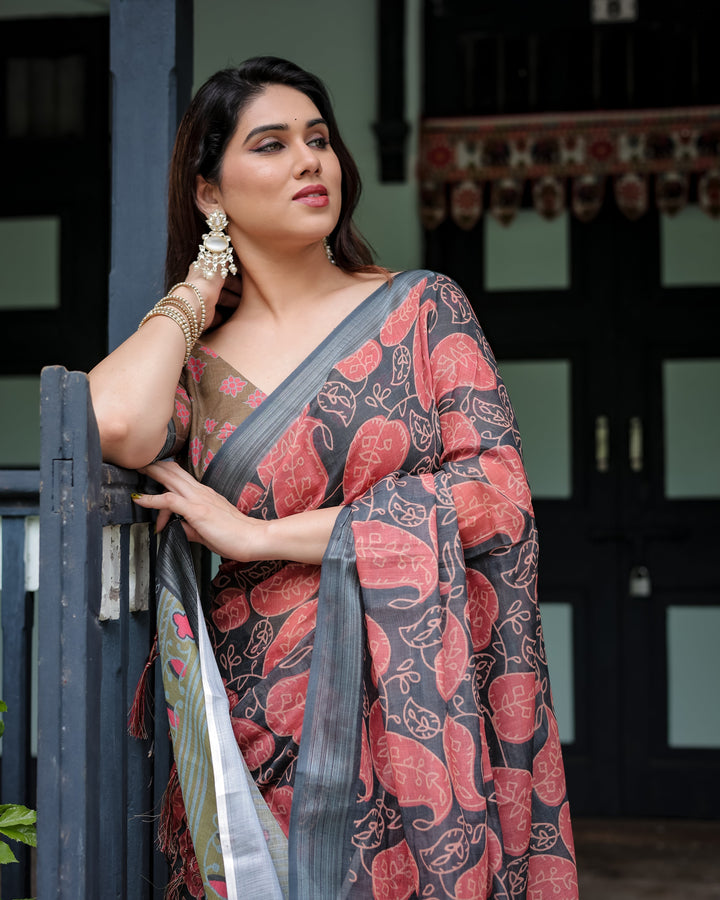 Charcoal Black Pure Cotton Linen Saree with Leafy Paisley Print Blouse and Tassel Detailing LINEN H 111120