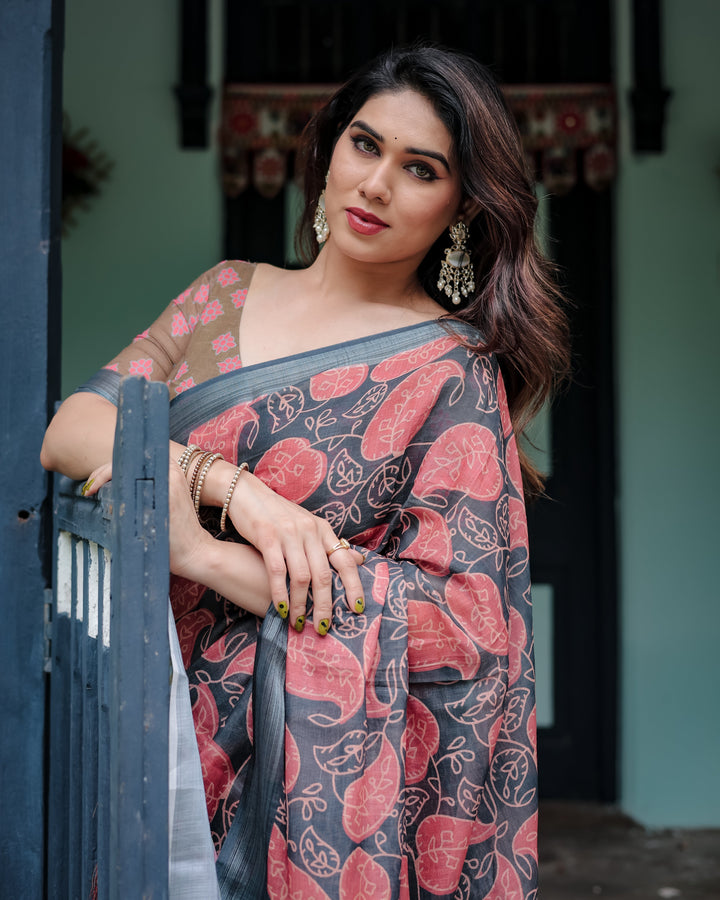 Charcoal Black Pure Cotton Linen Saree with Leafy Paisley Print Blouse and Tassel Detailing LINEN H 111120