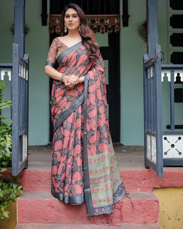 Charcoal Black Pure Cotton Linen Saree with Leafy Paisley Print Blouse and Tassel Detailing LINEN H 111120
