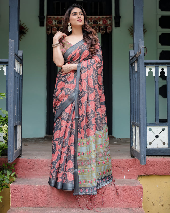 Charcoal Black Pure Cotton Linen Saree with Leafy Paisley Print Blouse and Tassel Detailing LINEN H 111120