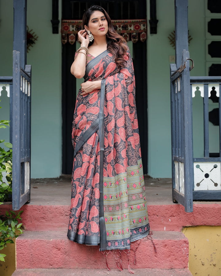 Charcoal Black Pure Cotton Linen Saree with Leafy Paisley Print Blouse and Tassel Detailing LINEN H 111120