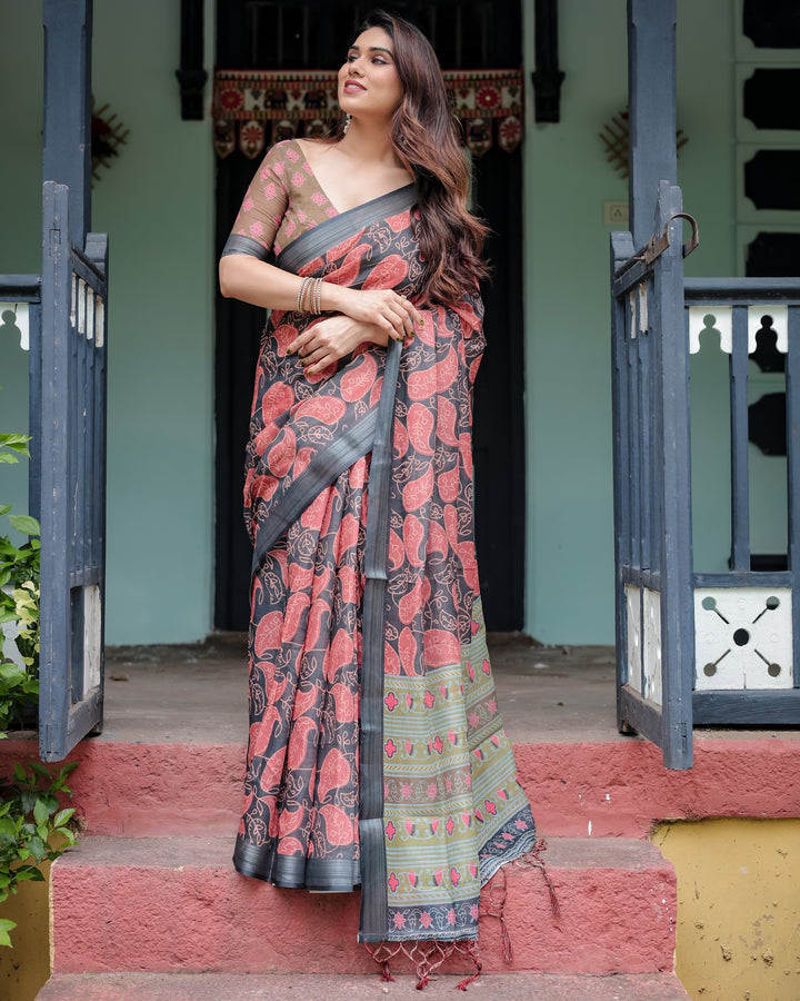 Charcoal Black Pure Cotton Linen Saree with Leafy Paisley Print Blouse and Tassel Detailing LINEN H 111120