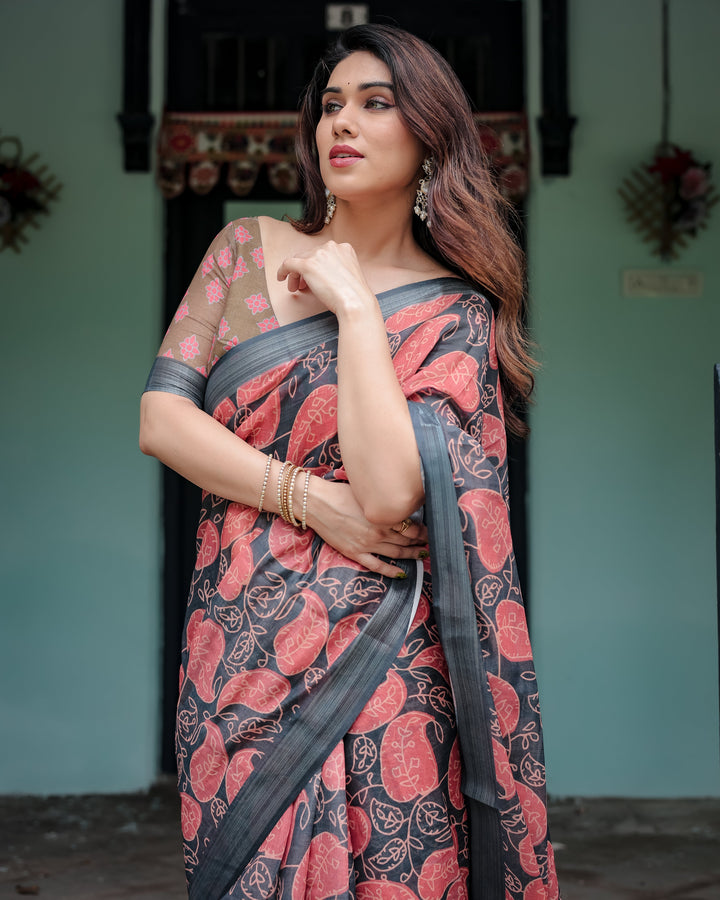 Charcoal Black Pure Cotton Linen Saree with Leafy Paisley Print Blouse and Tassel Detailing LINEN H 111120