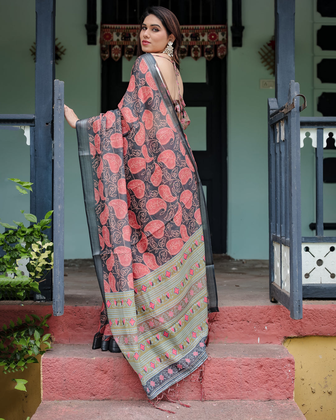 Charcoal Black Pure Cotton Linen Saree with Leafy Paisley Print Blouse and Tassel Detailing LINEN H 111120