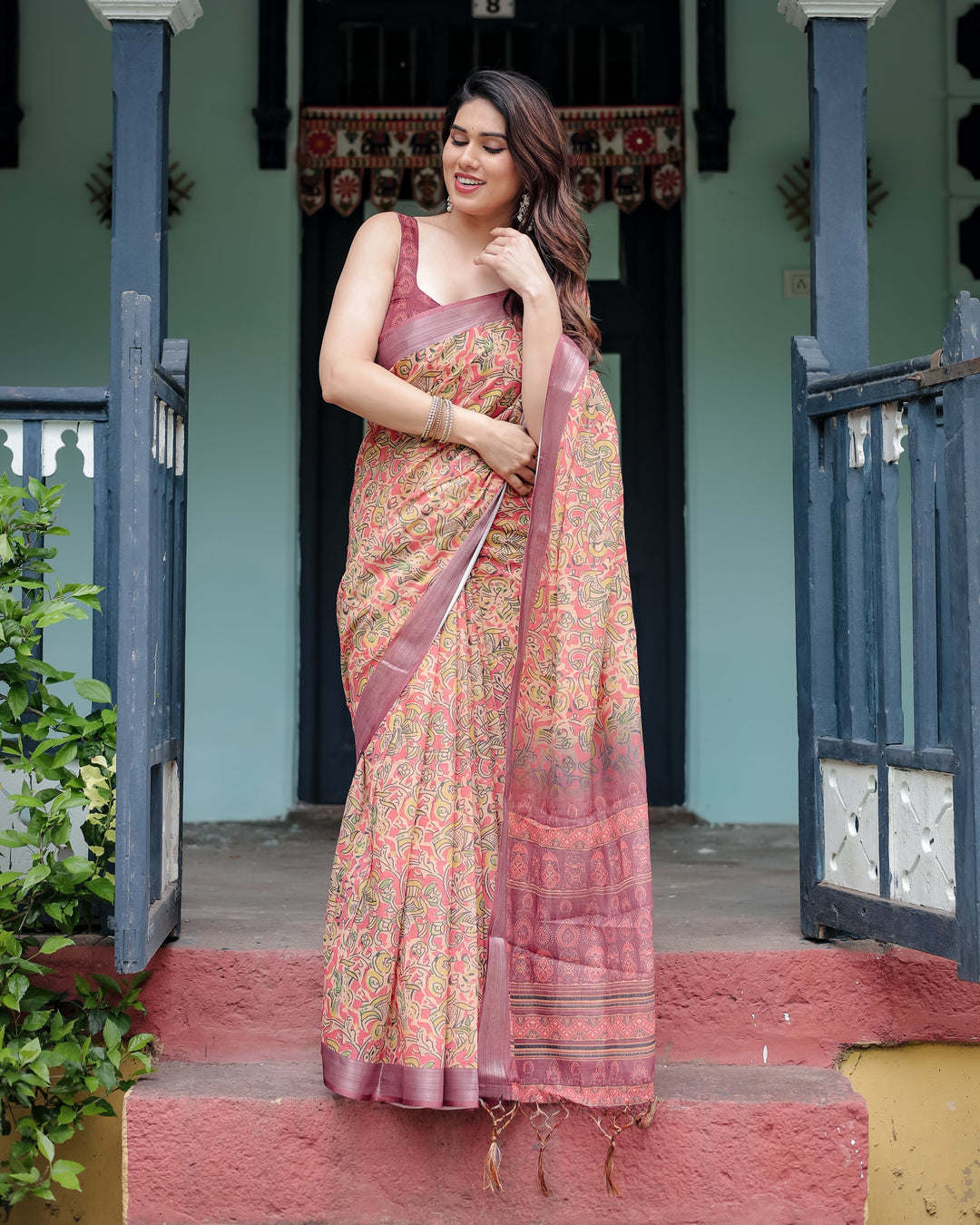 Beige and Rust Pure Cotton Linen Saree with Tribal Block Print Blouse and Tassel Detailing LINEN H 101110