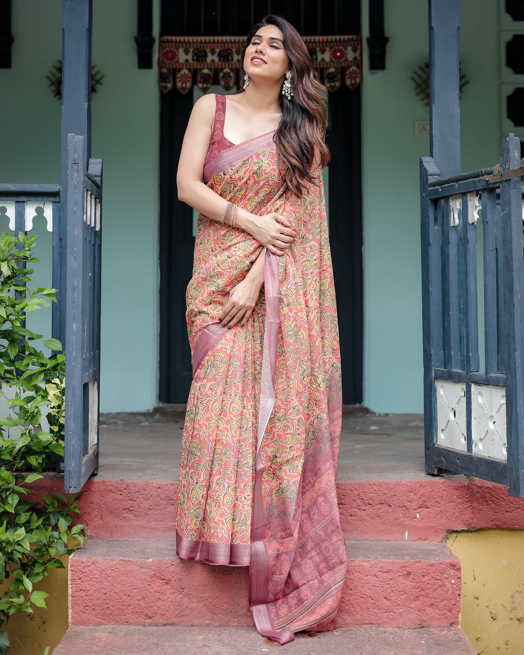 Beige and Rust Pure Cotton Linen Saree with Tribal Block Print Blouse and Tassel Detailing LINEN H 101110