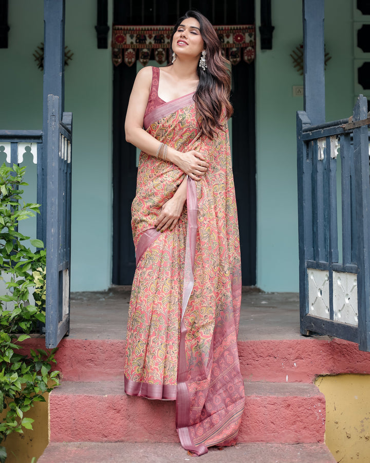 Beige and Rust Pure Cotton Linen Saree with Tribal Block Print Blouse and Tassel Detailing LINEN H 101110