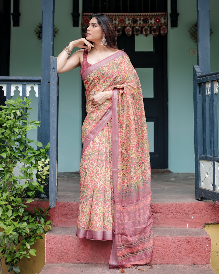 Beige and Rust Pure Cotton Linen Saree with Tribal Block Print Blouse and Tassel Detailing LINEN H 101110