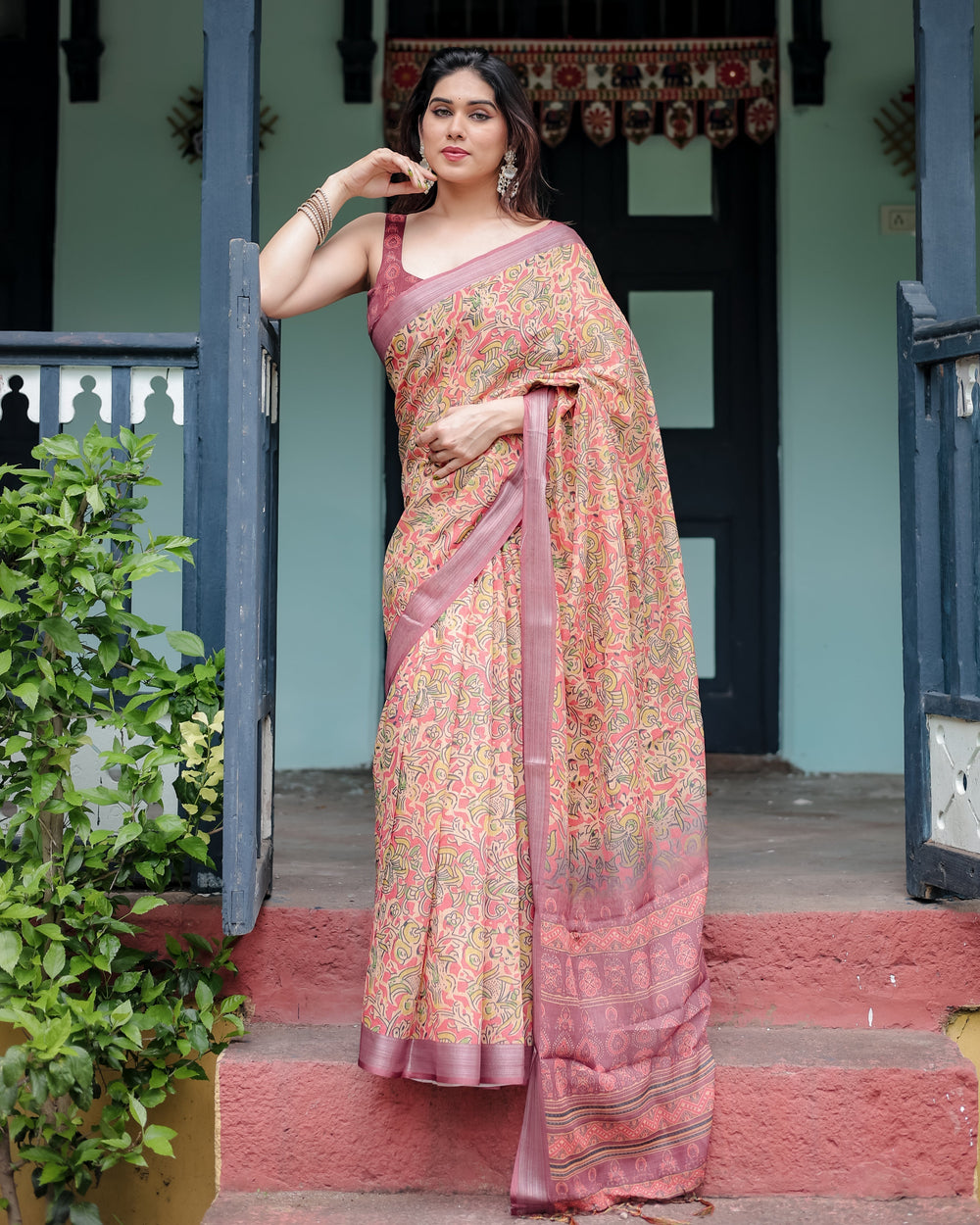 Beige and Rust Pure Cotton Linen Saree with Tribal Block Print Blouse and Tassel Detailing LINEN H 101110