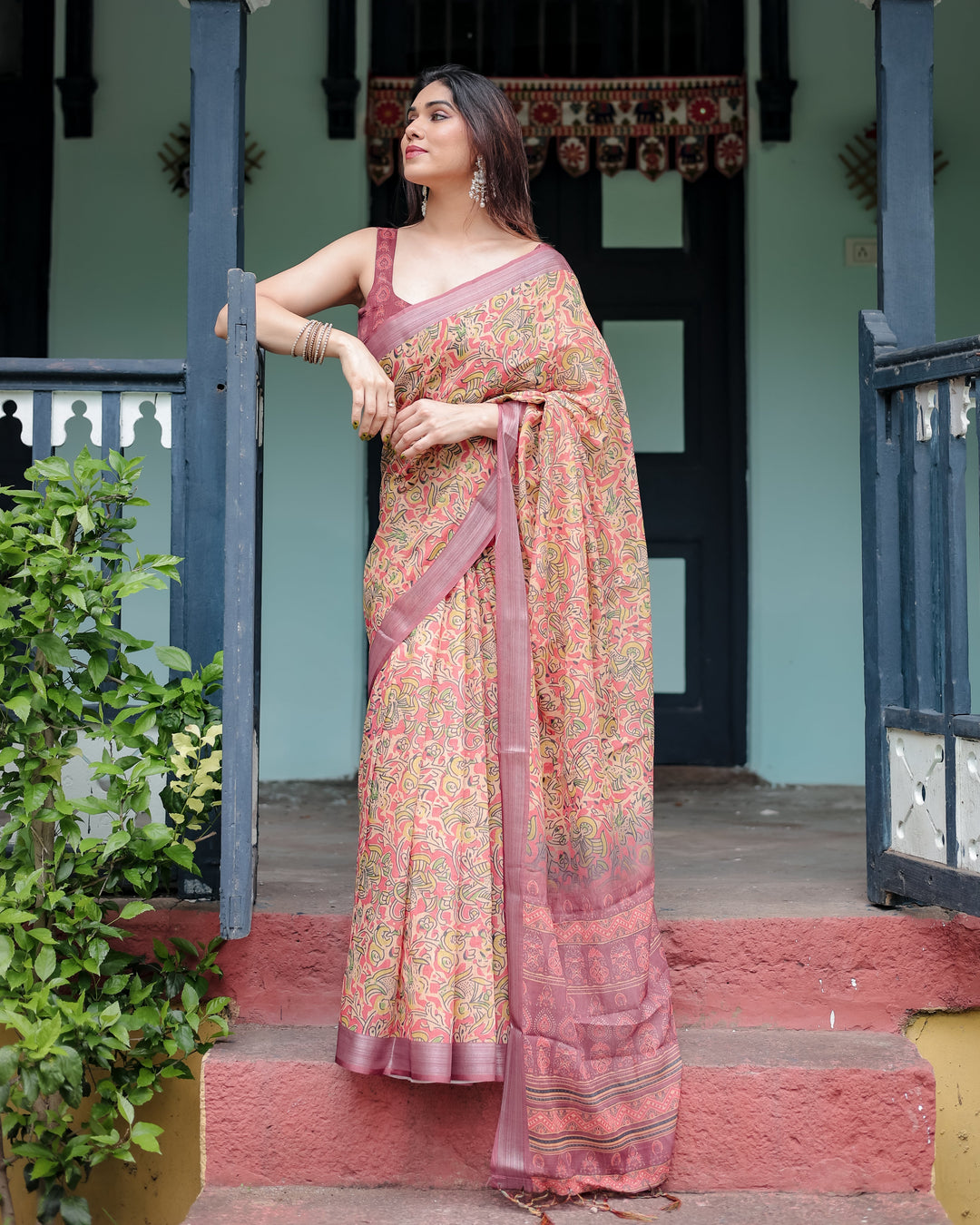 Beige and Rust Pure Cotton Linen Saree with Tribal Block Print Blouse and Tassel Detailing LINEN H 101110