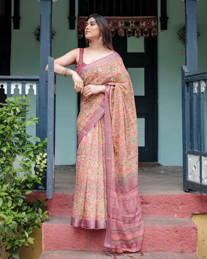 Beige and Rust Pure Cotton Linen Saree with Tribal Block Print Blouse and Tassel Detailing LINEN H 101110