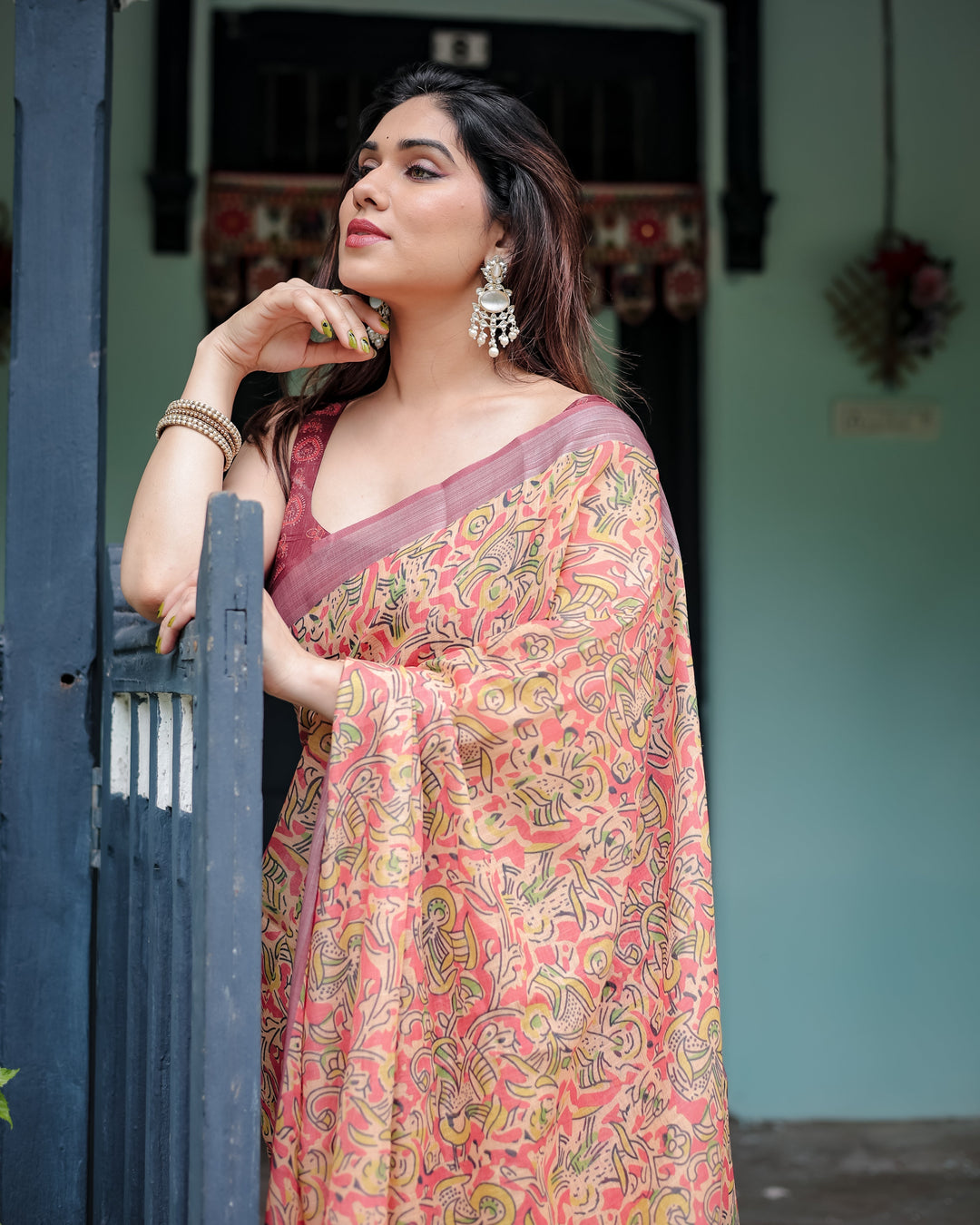 Beige and Rust Pure Cotton Linen Saree with Tribal Block Print Blouse and Tassel Detailing LINEN H 101110