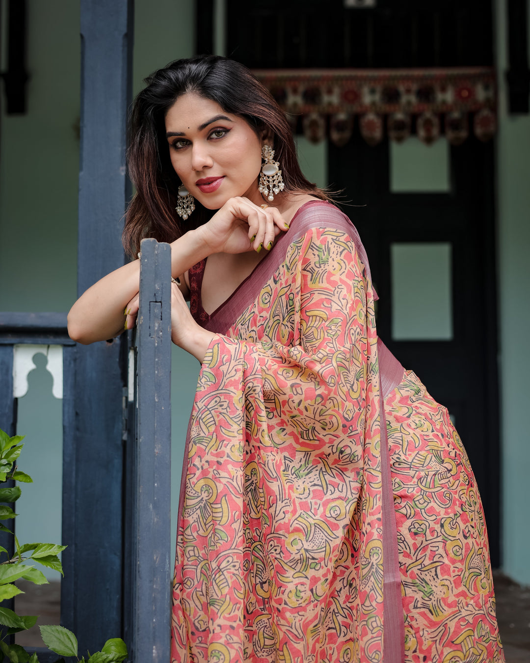 Beige and Rust Pure Cotton Linen Saree with Tribal Block Print Blouse and Tassel Detailing LINEN H 101110