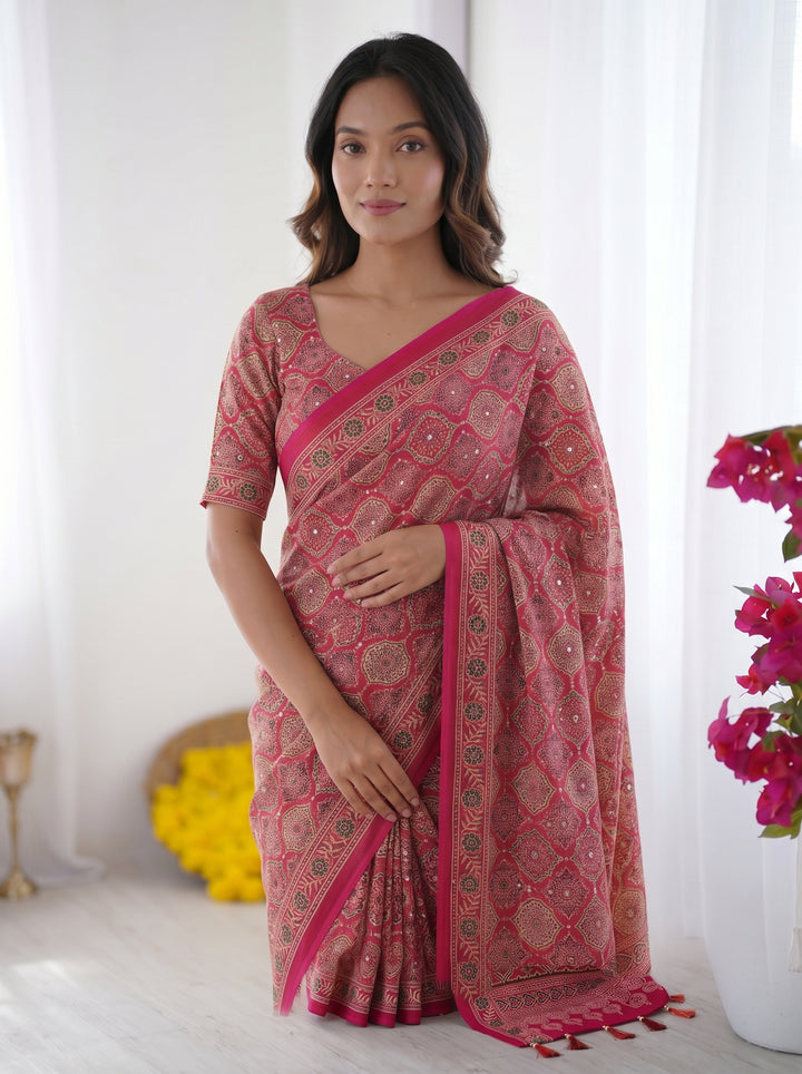 Rose Pink Modal Silk Saree with Heritage Motifs, Intricate All-Over Print & Designer Pallu