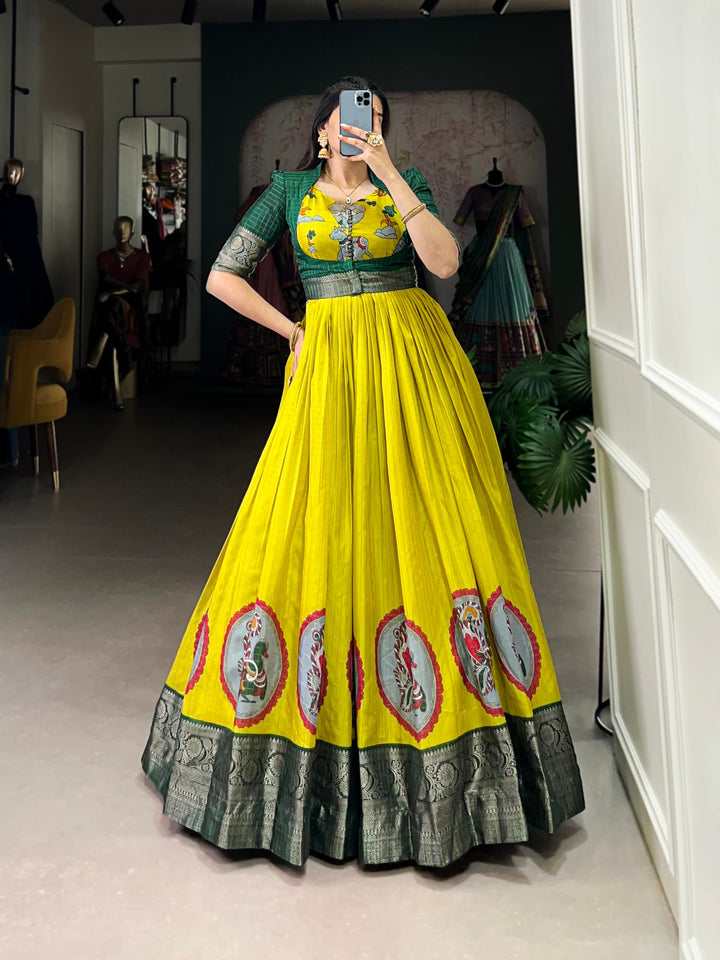 Yellow Dola Silk Kalamkari Gown – A Royal Affair of Elegance & Tradition ✨