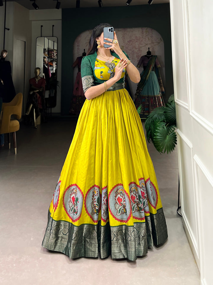 Yellow Dola Silk Kalamkari Gown – A Royal Affair of Elegance & Tradition ✨