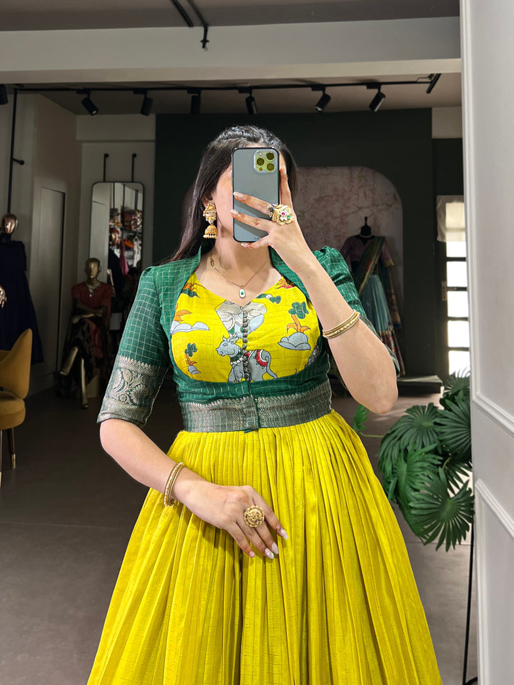 Yellow Dola Silk Kalamkari Gown – A Royal Affair of Elegance & Tradition ✨