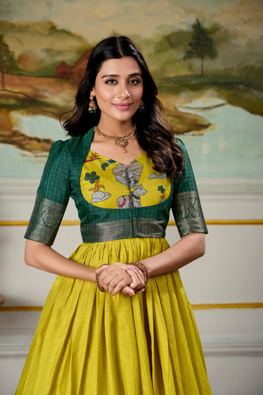 Yellow Dola Silk Kalamkari Gown – A Royal Affair of Elegance & Tradition ✨