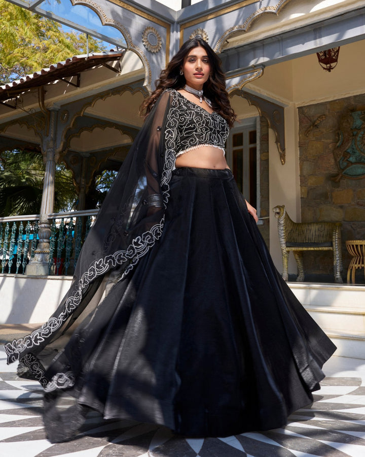 Elegant Black Star Satin Embroidered Lehenga Set 🖤✨
