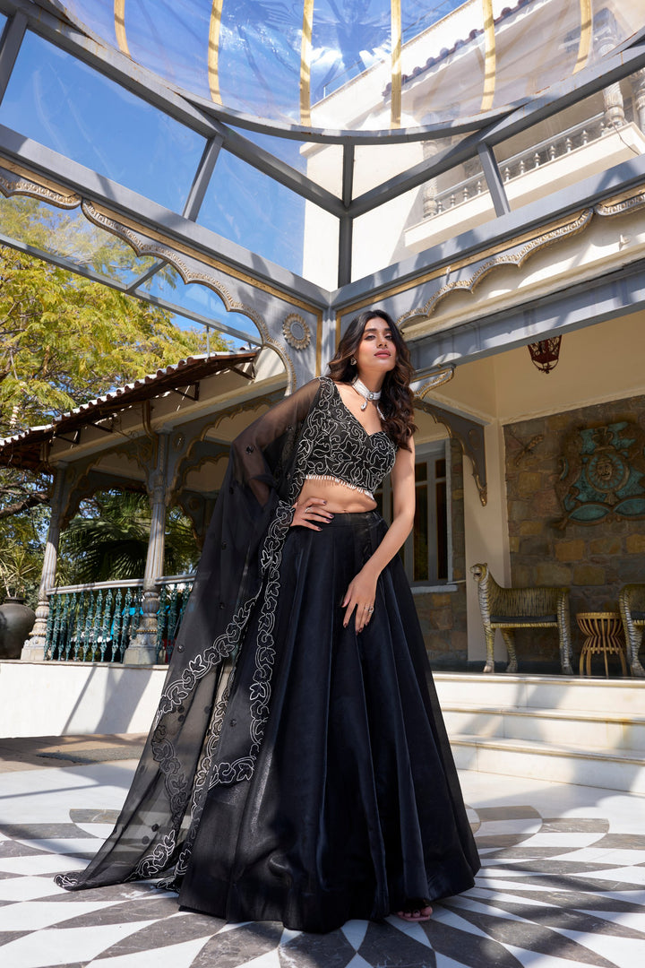 Elegant Black Star Satin Embroidered Lehenga Set 🖤✨