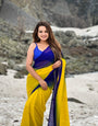 Dual-Tone Yellow Blue Georgette Printed Saree for Daily & Festive Look