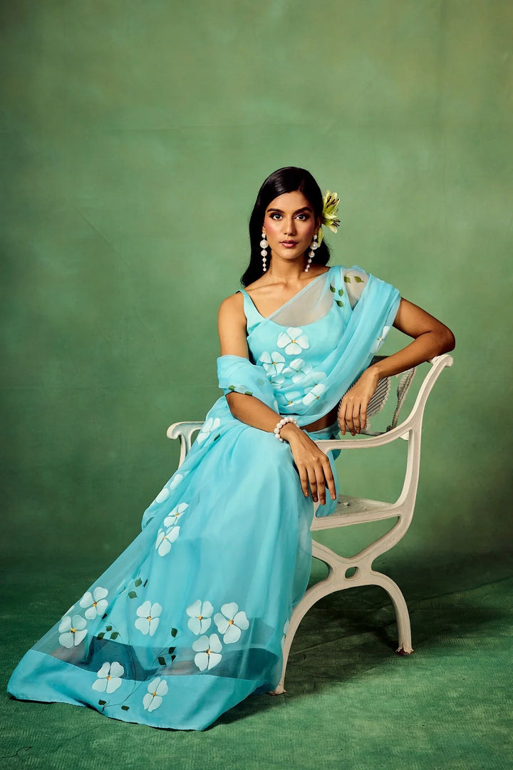 Sky Blue Organza Saree with Hand-Painted White Dogwood Flowers & Satin Blouse