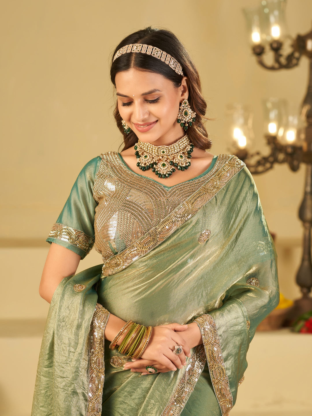 Sage Green Dual Tone Designer Fendy Satin Saree with Heavy Embroidered Blouse & Sequin Border | Premium Wedding Party Wear Saree