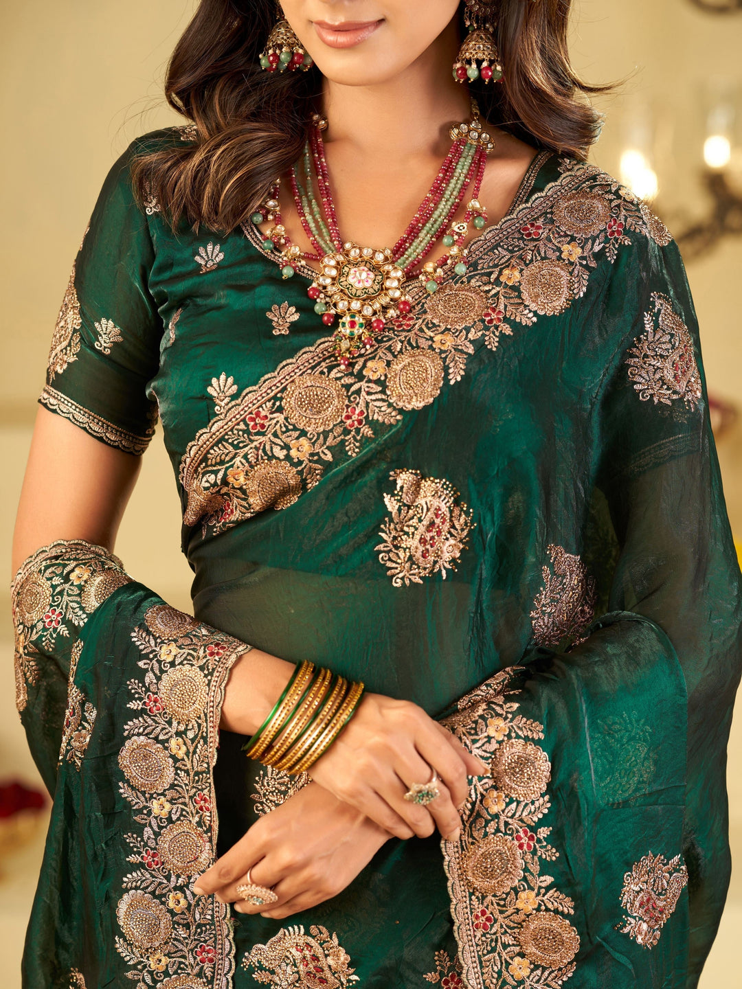 Emerald Green Designer Fendy Satin Saree with Heavy Floral Embroidery Work | Premium Wedding & Party Wear Embroidered Saree with Blouse