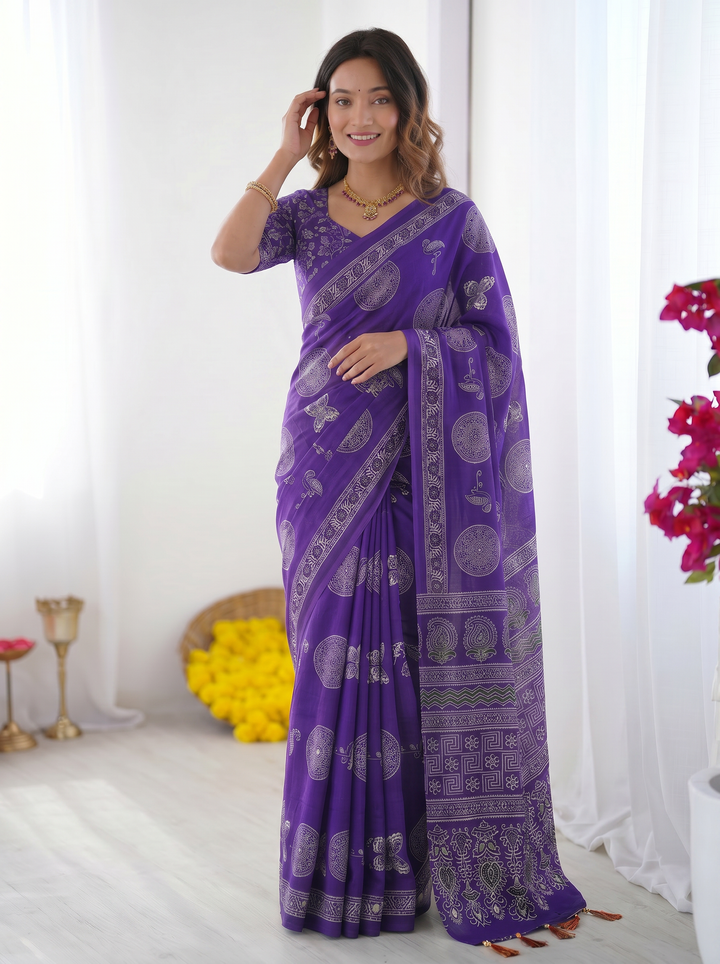 Royal Purple Modal Silk Saree with Circular Medallion Print & Heritage Designer Pallu | Festive & Ethnic Wear Saree