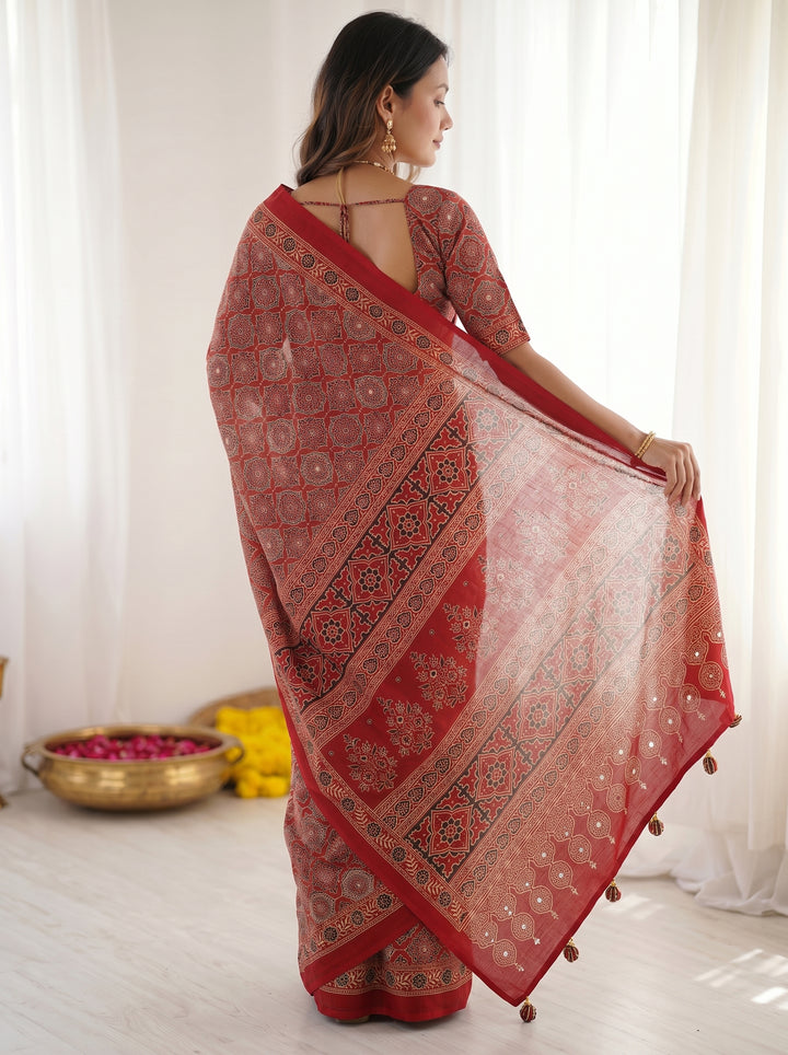 Ruby Red Pure Modal Silk Saree with Heritage Ajrakh Inspired Print & Traditional Designer Pallu