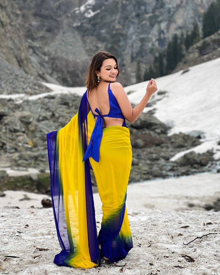 Dual-Tone Yellow Blue Georgette Printed Saree for Daily & Festive Look
