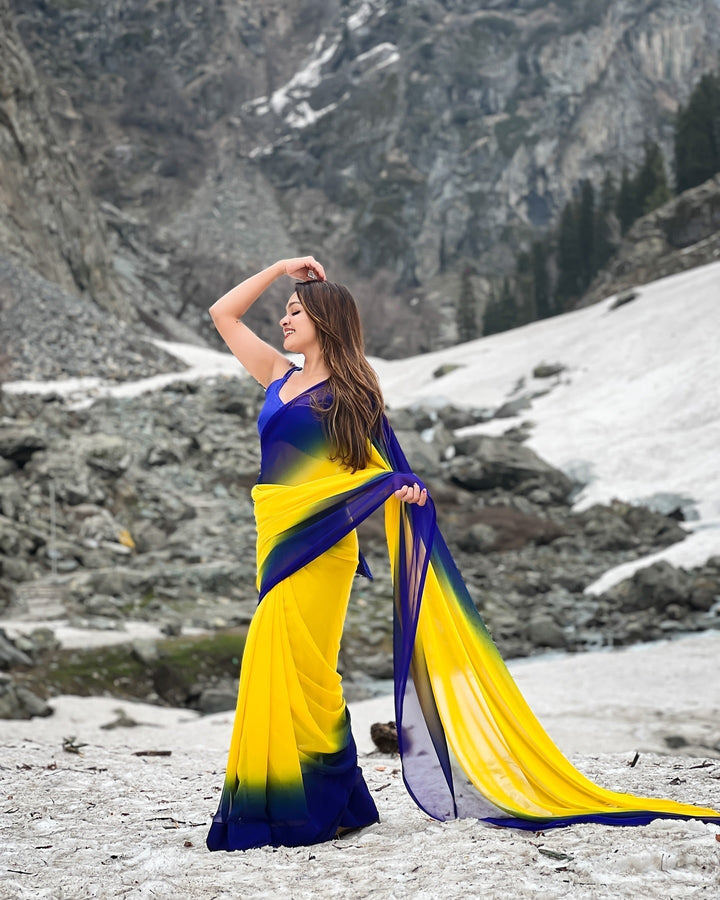 Dual-Tone Yellow Blue Georgette Printed Saree for Daily & Festive Look