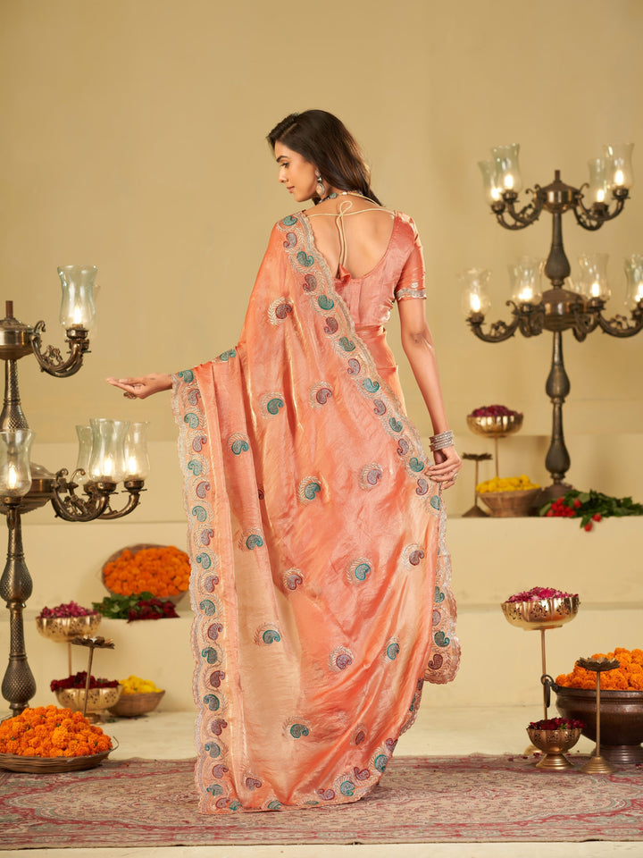 Peach Designer Fendy Satin Saree with Multicolor Paisley Embroidery & Scalloped Embroidered Border | Elegant Festive Party Wear Saree