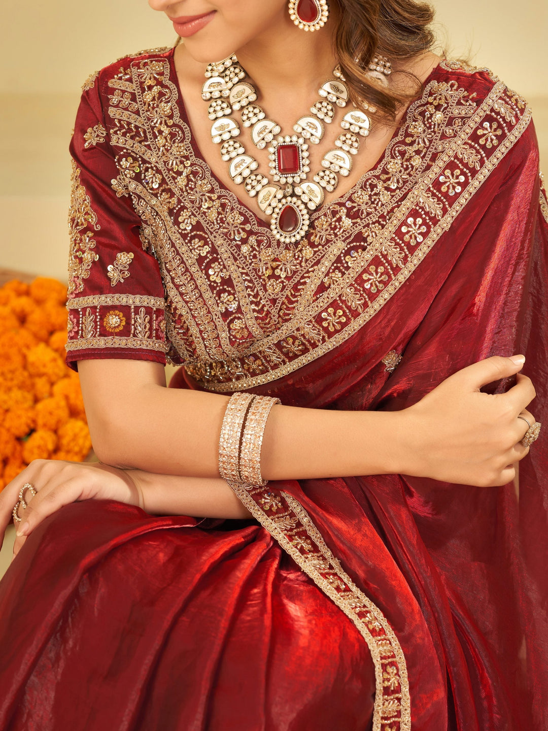 Wine Red Designer Fendy Satin Saree with Heavy Embroidered Blouse & Zari Border | Premium Wedding & Festive Wear Saree