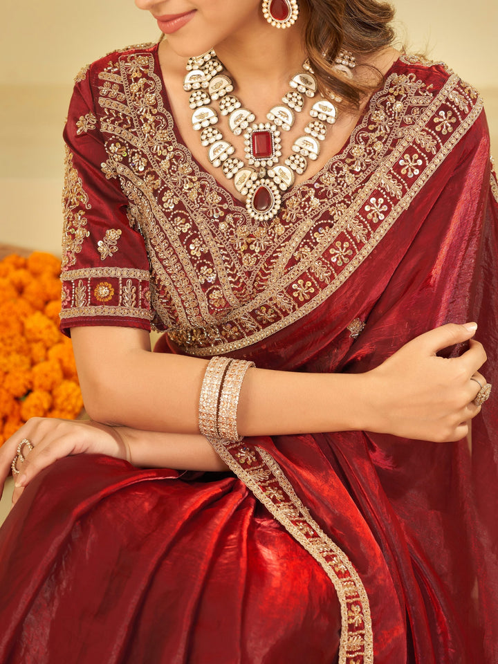 Wine Red Designer Fendy Satin Saree with Heavy Embroidered Blouse & Zari Border | Premium Wedding & Festive Wear Saree
