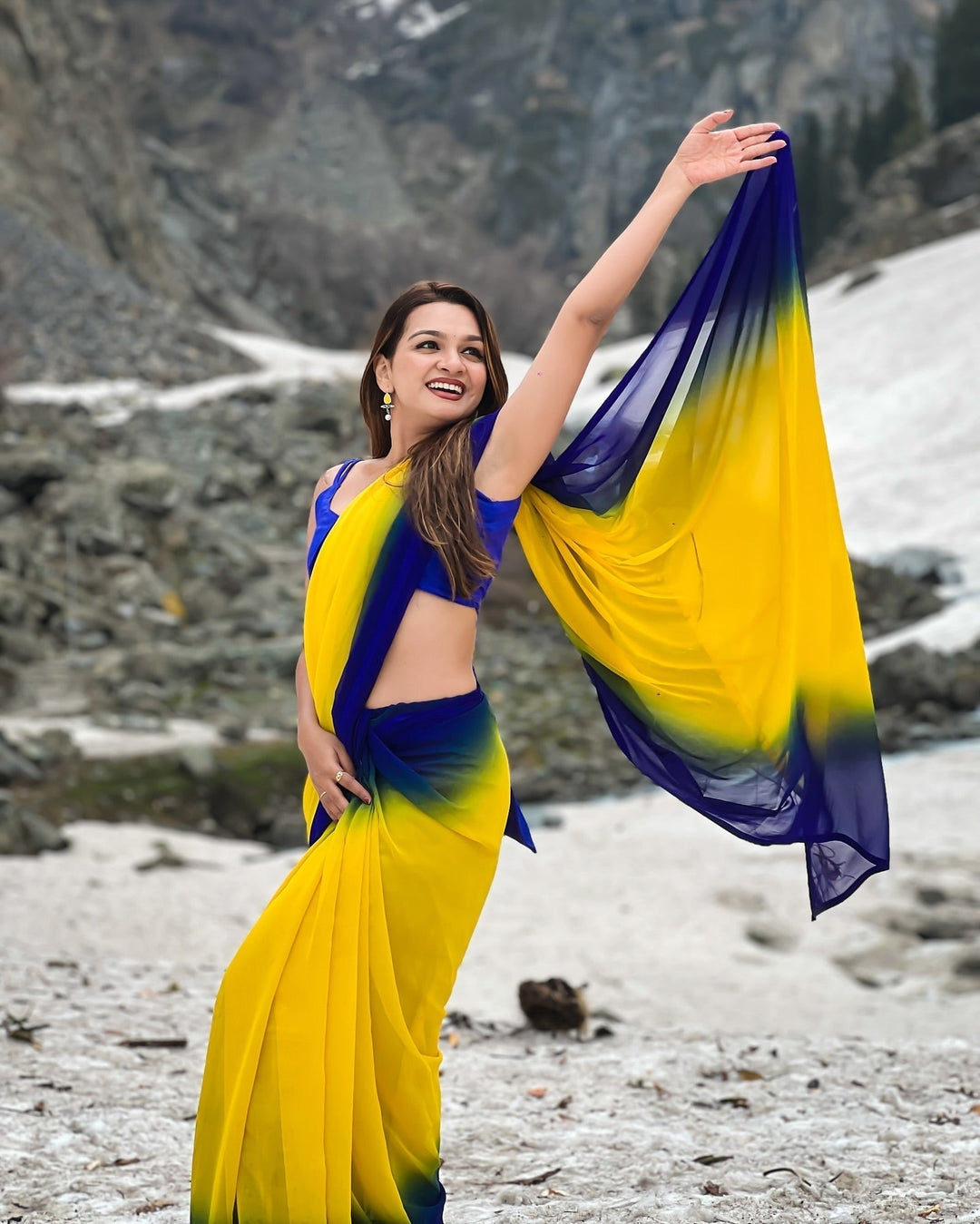 Dual-Tone Yellow Blue Georgette Printed Saree for Daily & Festive Look