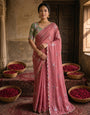 Dusty Rose Pink Georgette Embroidered Saree with Floral Sequin Work & Contrast Designer Blouse
